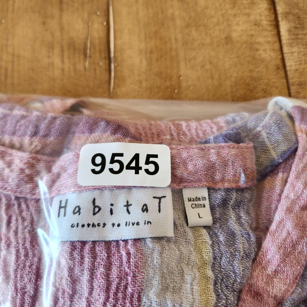 Habitat Top Womens L Pink Gray Plaid Crinkle Button Linen Blend Boho Chic Preppy - Picture 11 of 11